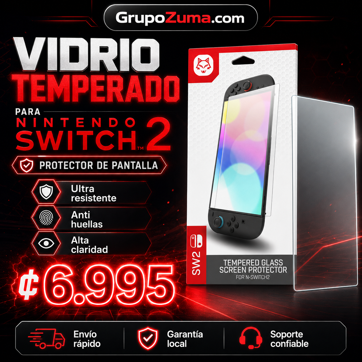 D5• VIDRIO TEMPERADO PROTECTOR PARA PANTALLA DE NINTENDO SWITCH 2