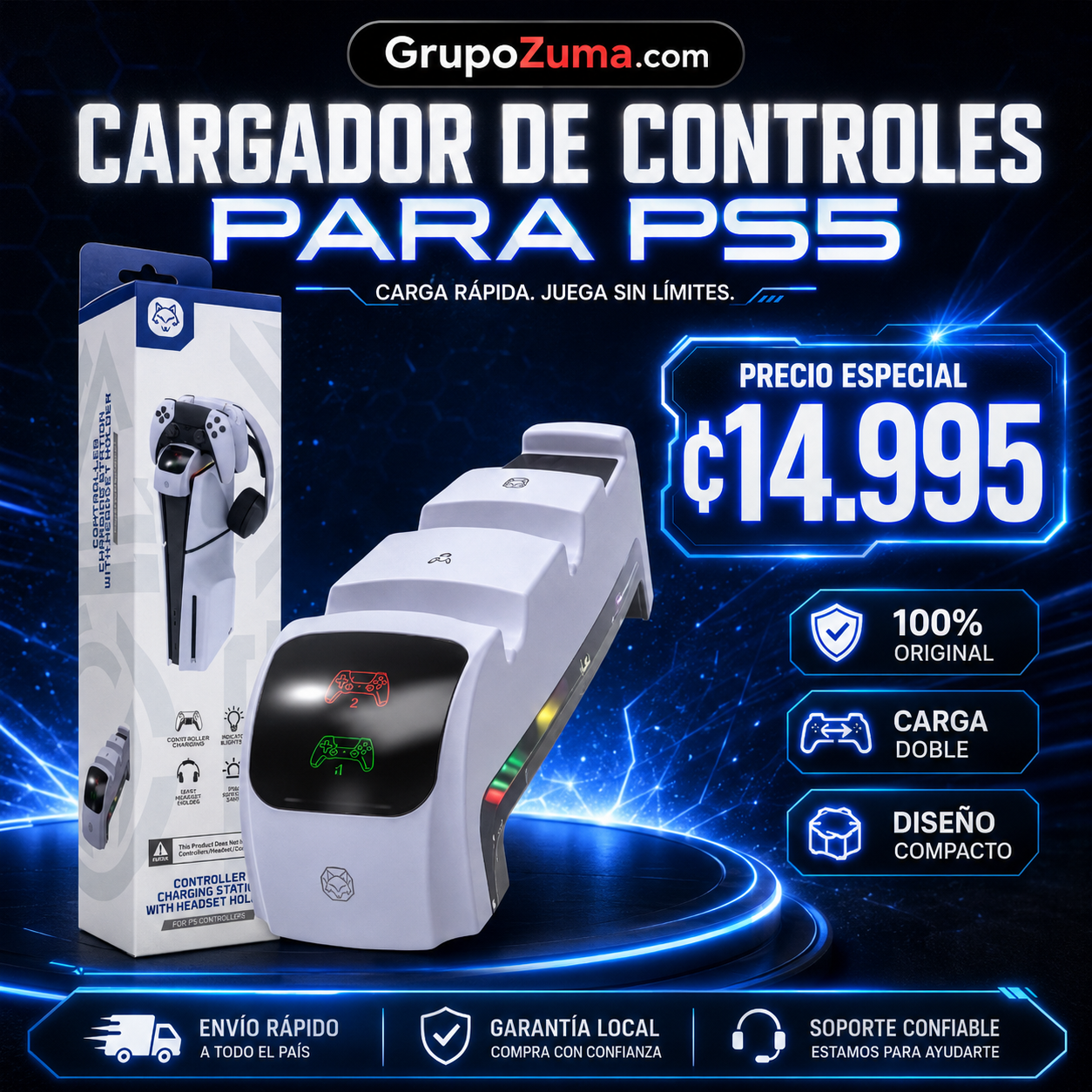 D6• CARGADOR DE CONTROLES PARA PS5.