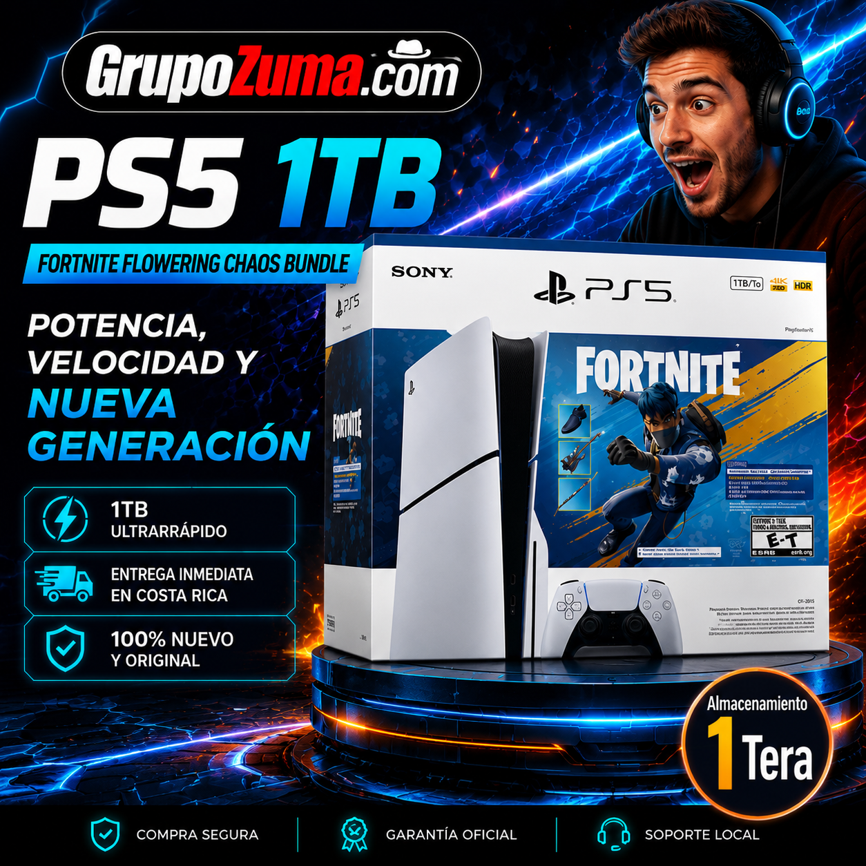 B0 💛🩵 PS5 SLIM DISCO Y DIGITAL DE 1TB Fortnite Flowering Chaos Bundle