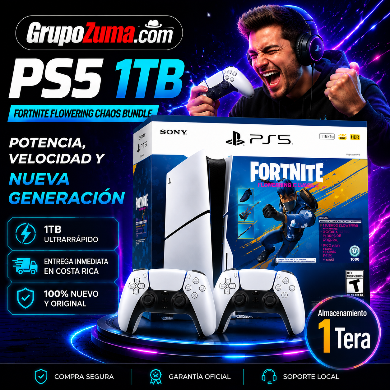 B1 💎💛 PS5 SLIM DISCO-DIGITAL CON 2 CONTROLES BLANCOS en Bundle Fortnite Flowering Chaos