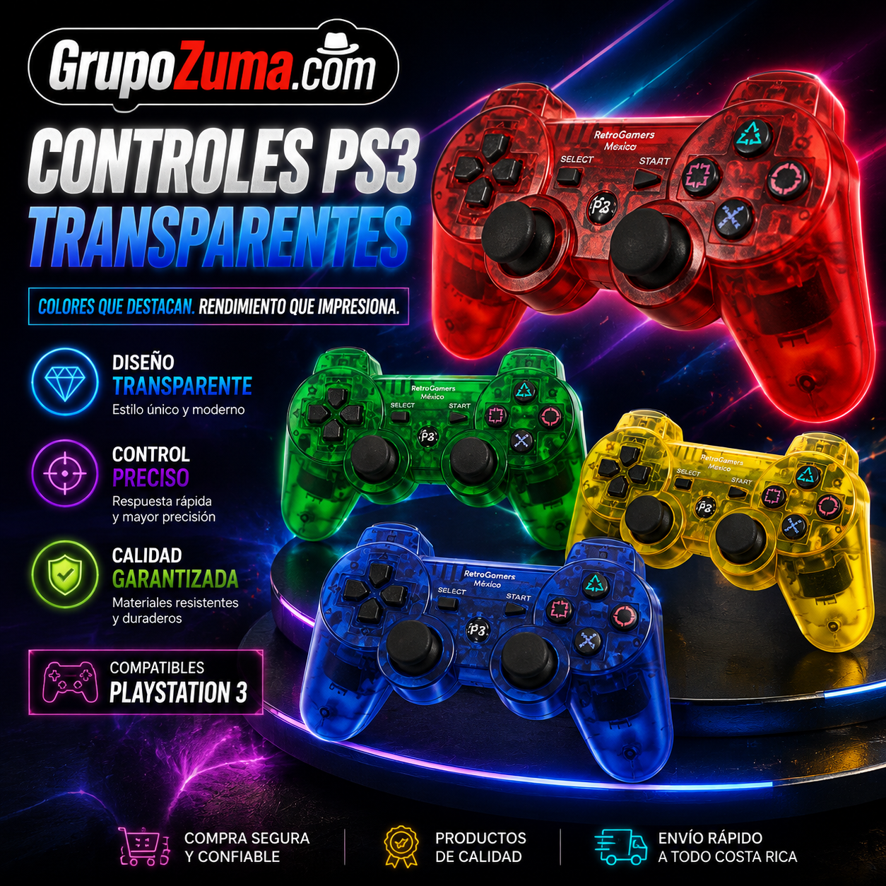 C0 CONTROL DE PS3 ALTA CALIDAD DISPONIBLES EN COLORES TRANSPARENTES ROJO, AZUL, VERDE Y AMARILLO
